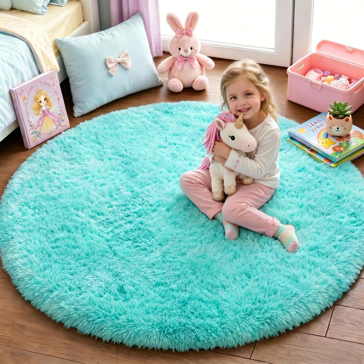 Pink Round Rug for Girls Bedroom 4Ft, Fluffy Shaggy Fuzzy Circle Area Rugs
