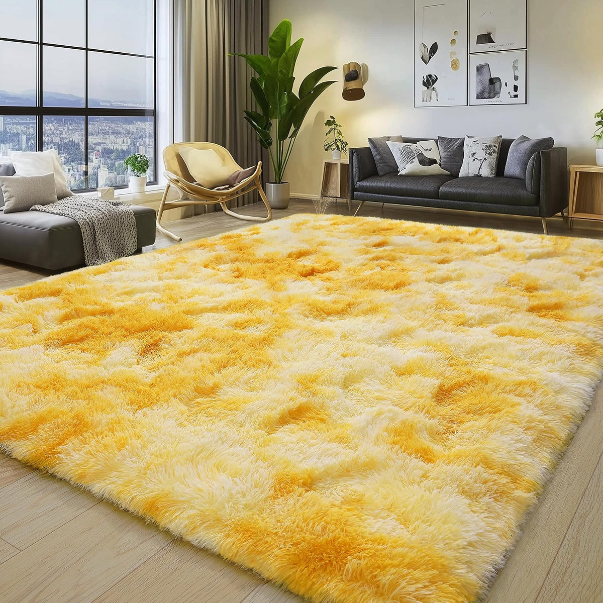 Large 8x10 Area Rugs for Living Room, Tie-Dyed Yellow Soft Shag Rug