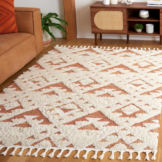 SAFAVIEH Moroccan Tassel Shag Rug 5'3"x7'6", Ivory & Brick Rust MTS688P