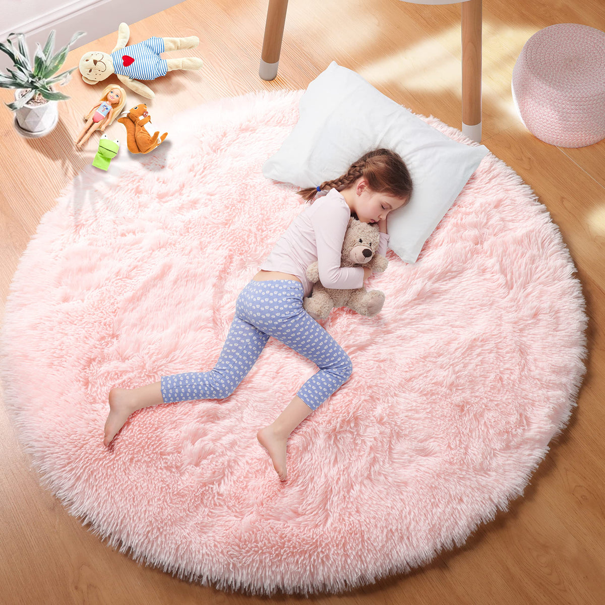 Pink Round Rug for Girls Bedroom 4Ft, Fluffy Shaggy Fuzzy Circle Area Rugs