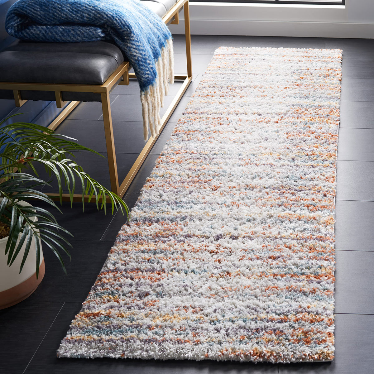 SAFAVIEH Area Rug 8x10 - Berber Shag Collection - Large - Blue Rust & Ivory, Modern Stripe Design, Non-Shedding & Easy Cleaning, Plush Thick Pile, Ideal for Living Room, Bedroom, Dining (BER565A)