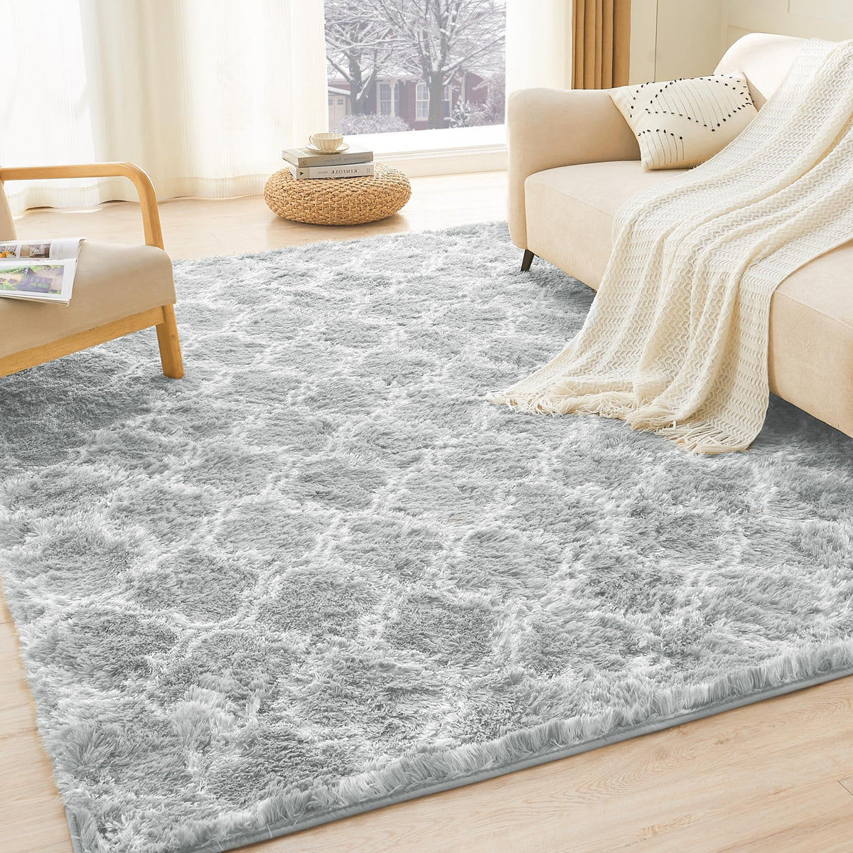 Litanika 5x8 Shag Area Rug for Bedroom, Tie-Dyed Beige Plush Rug