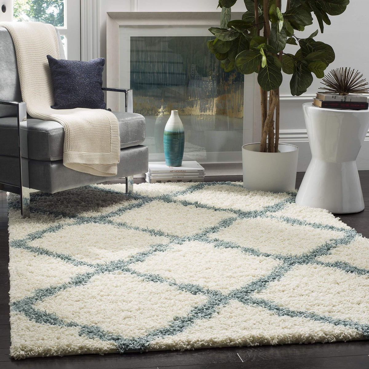 SAFAVIEH Dallas Shag Collection 8' x 10' Beige/Ivory SGD257D Trellis Non-Shedding Living Room Bedroom Dining Room Entryway Plush 1.5-inch Thick Area Rug