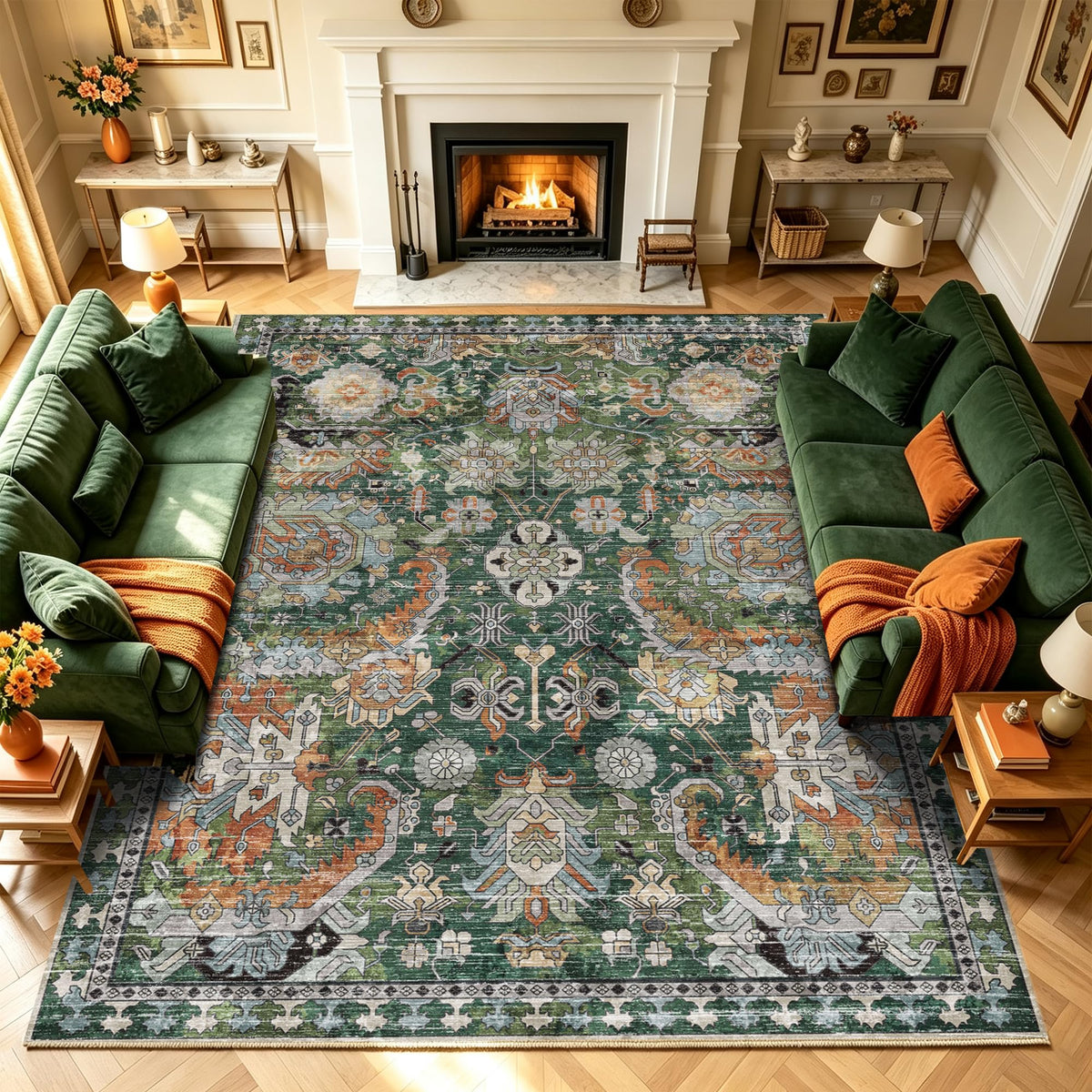 RUGSURE Washable Area Rugs 9' x 12' - 1/6 Thick - Moroccan-Inspired -Stain & Water Resistant Non-Slip - Resistant Rug for Living Room, Bedroom, Nursery, Pet & Child Friendly (Blue and Brown)