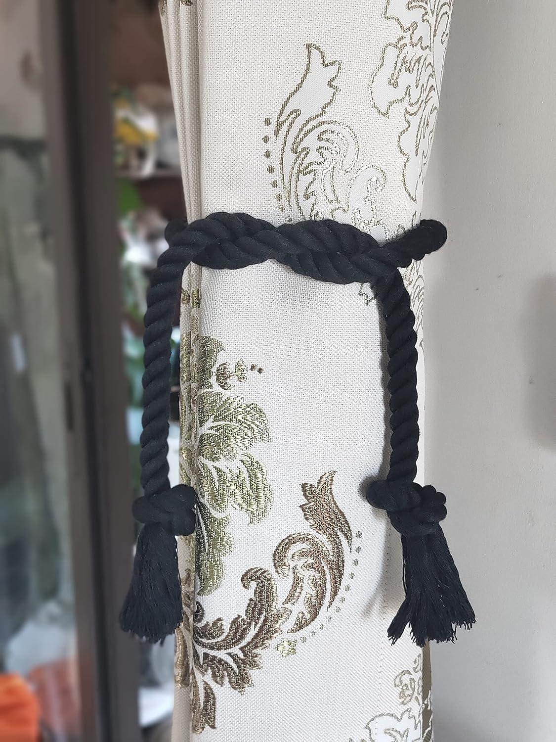 6 Pack Curtain Ties Rope, Outdoor Curtain Tiebacks for Patio Gazebo Pergola Cabana, Natural Cotton Curtain Holders, Village Rural Rustic Farmhouse Curtain Holdbacks for Drapery, Black