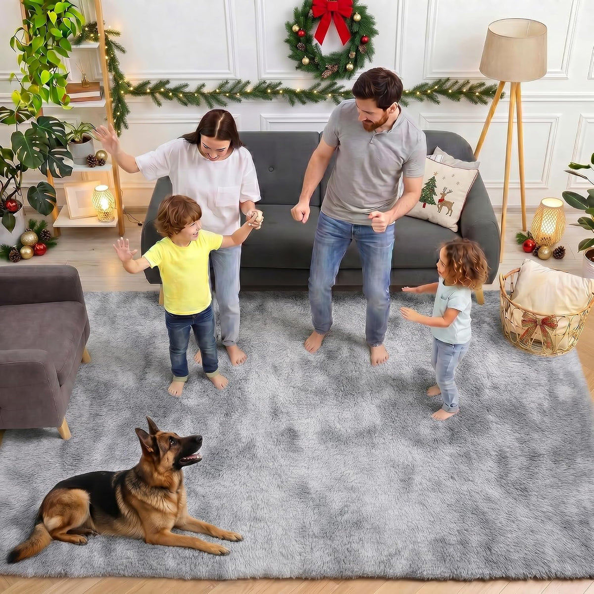 Area Rugs for Living Room Bedroom, 5x8 Fluffy Tie-Dyed Light Grey Shag Rug