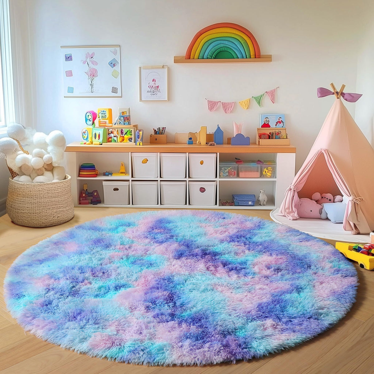 Area Rugs for Living Room Bedroom, 5x8 Fluffy Tie-Dyed Light Grey Shag Rug