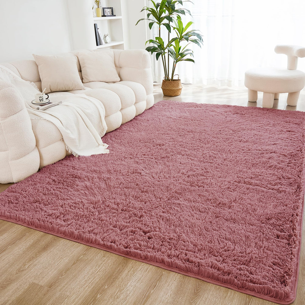 Litanika 5x8 Shag Area Rug for Bedroom, Tie-Dyed Beige Plush Rug