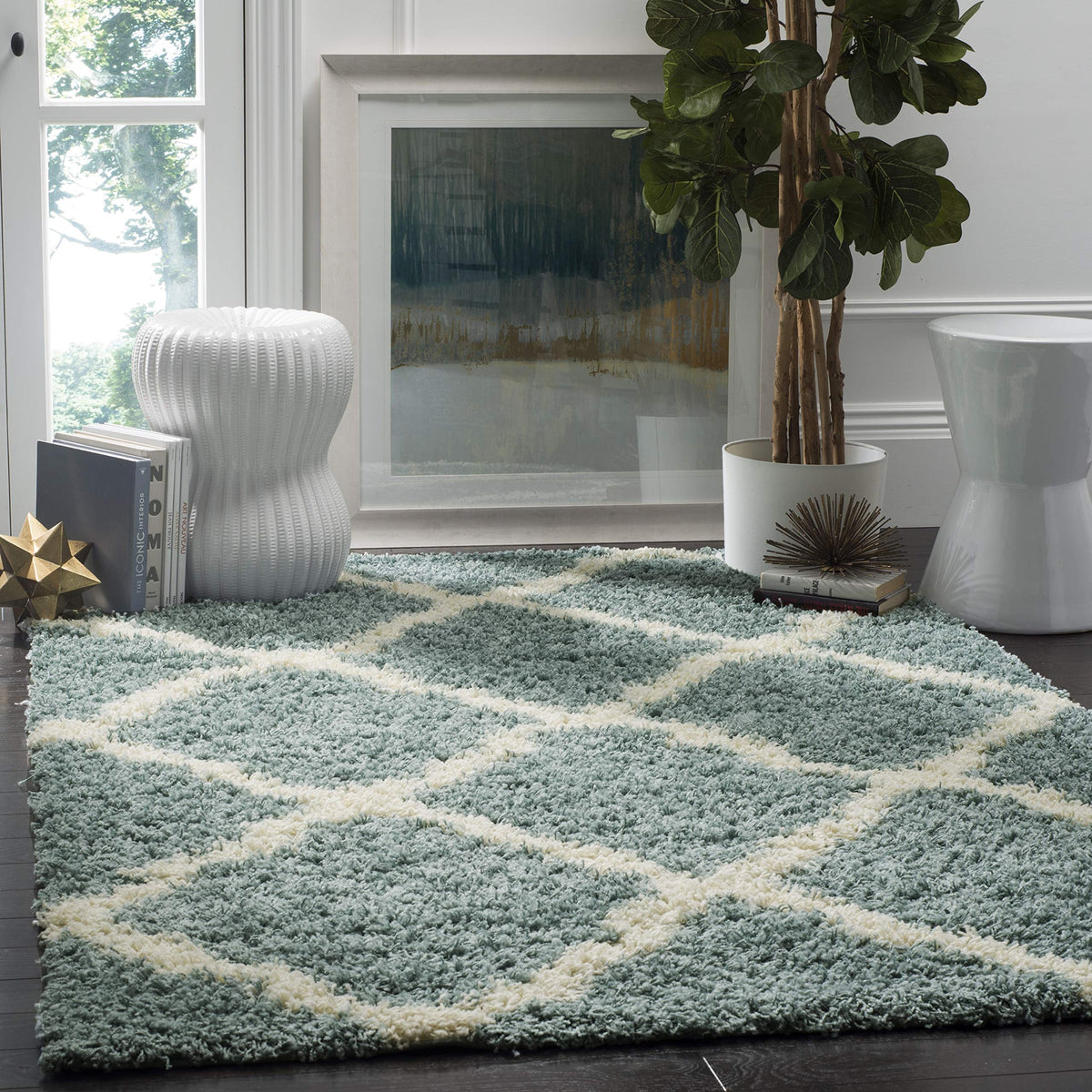 SAFAVIEH Dallas Shag Collection 8' x 10' Beige/Ivory SGD257D Trellis Non-Shedding Living Room Bedroom Dining Room Entryway Plush 1.5-inch Thick Area Rug