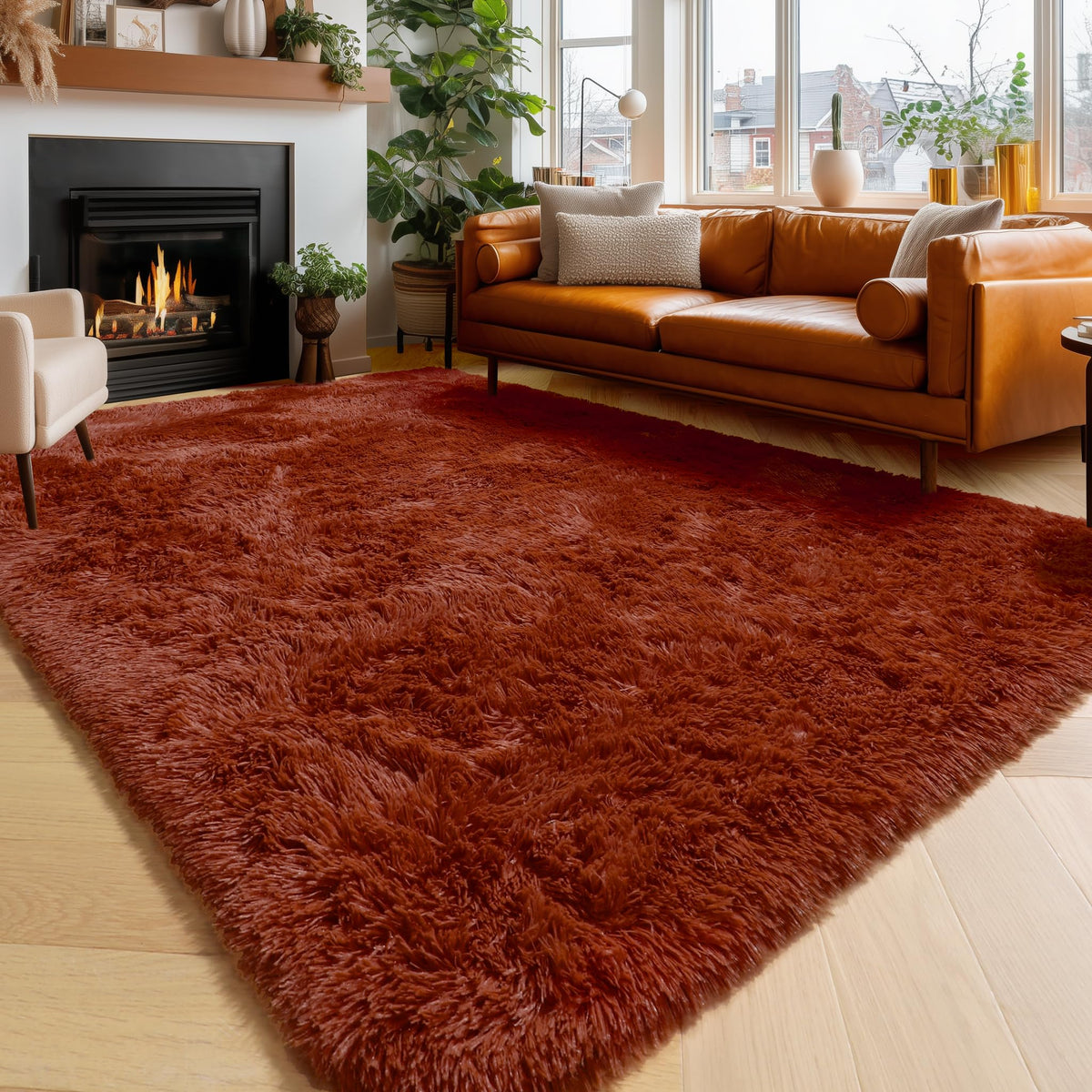 Amdrebio Burnt Orange Shag Plush Large Area Rug 6x9 for Living Room Bedroom