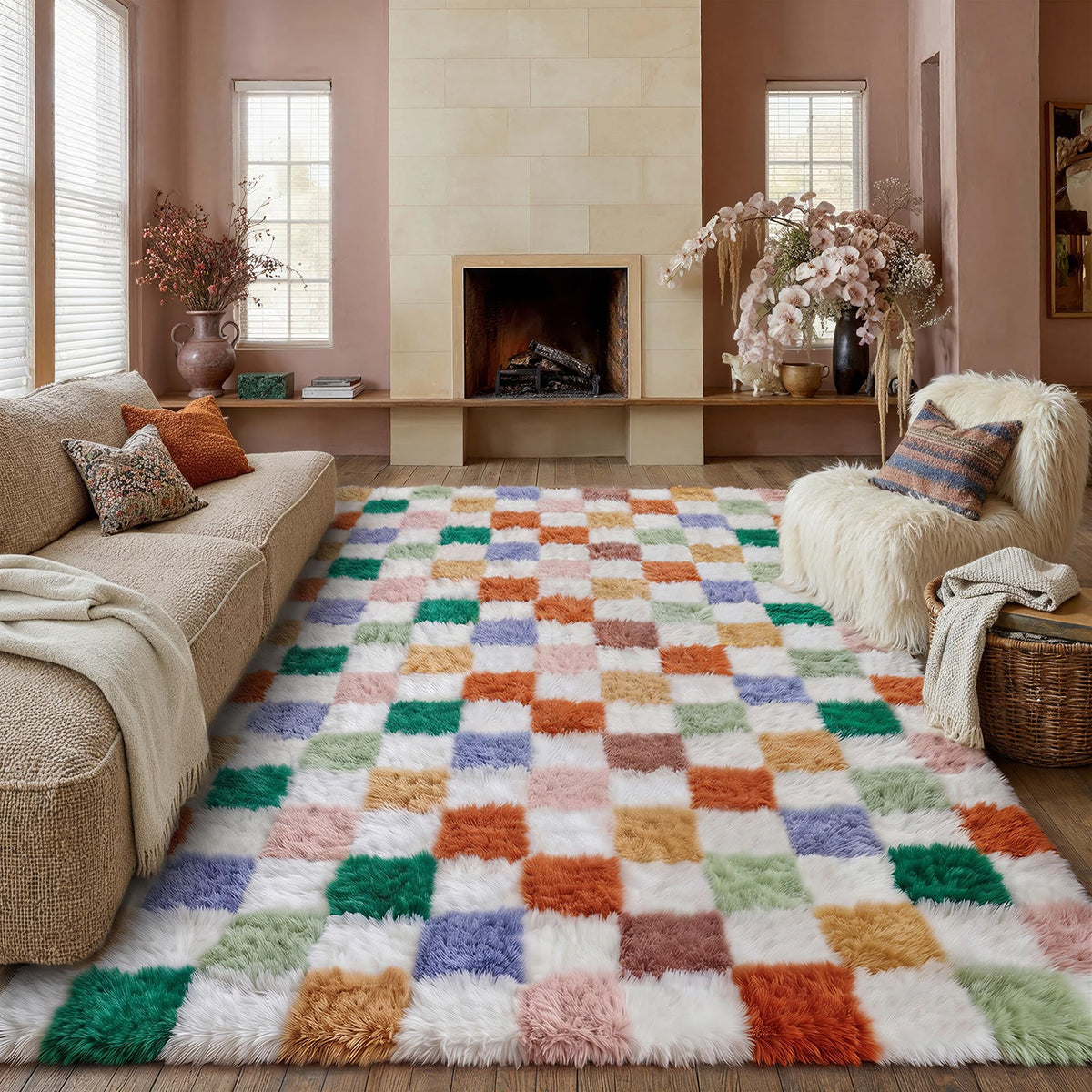 PureCozy Beige 8x10 Area Rug for Living Room Soft Checkered Shag Carpet
