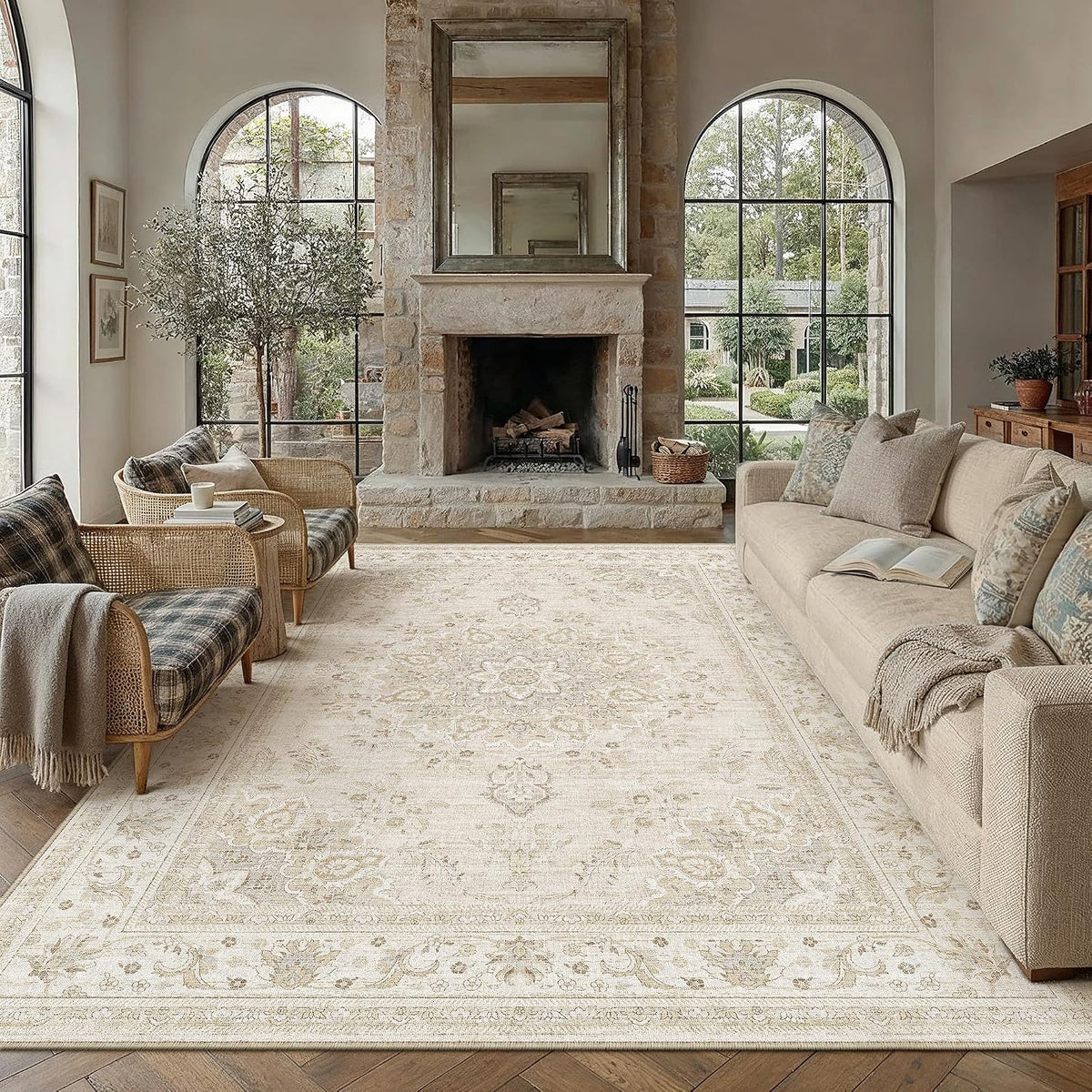 PureCozy 8x10 Neutral Area Rug Living Room Ivory Beige Vintage Medallion
