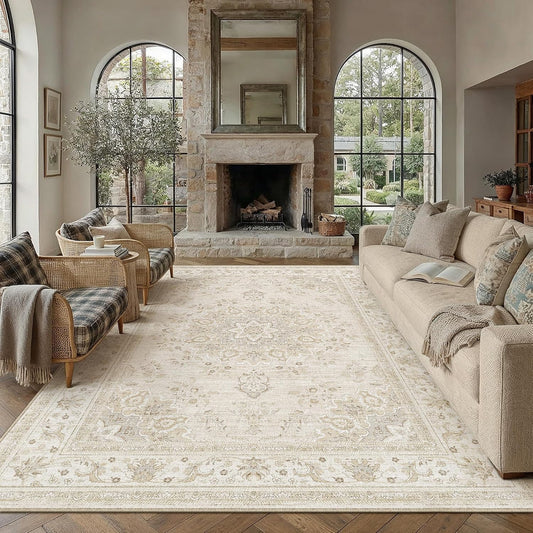 PureCozy 8x10 Neutral Area Rug Living Room Ivory Beige Vintage Medallion