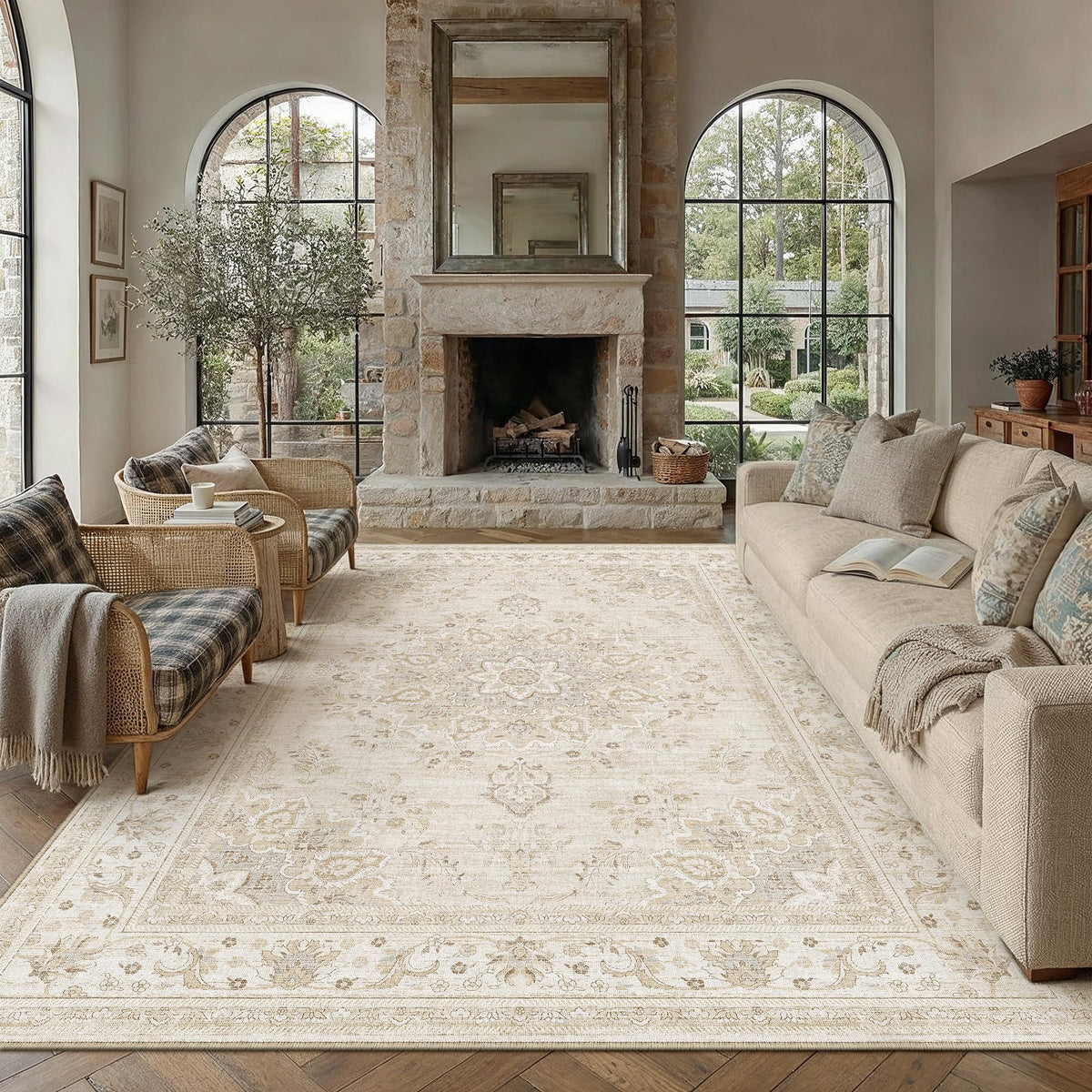 PureCozy 8x10 Neutral Area Rug Living Room Ivory Beige Vintage Medallion