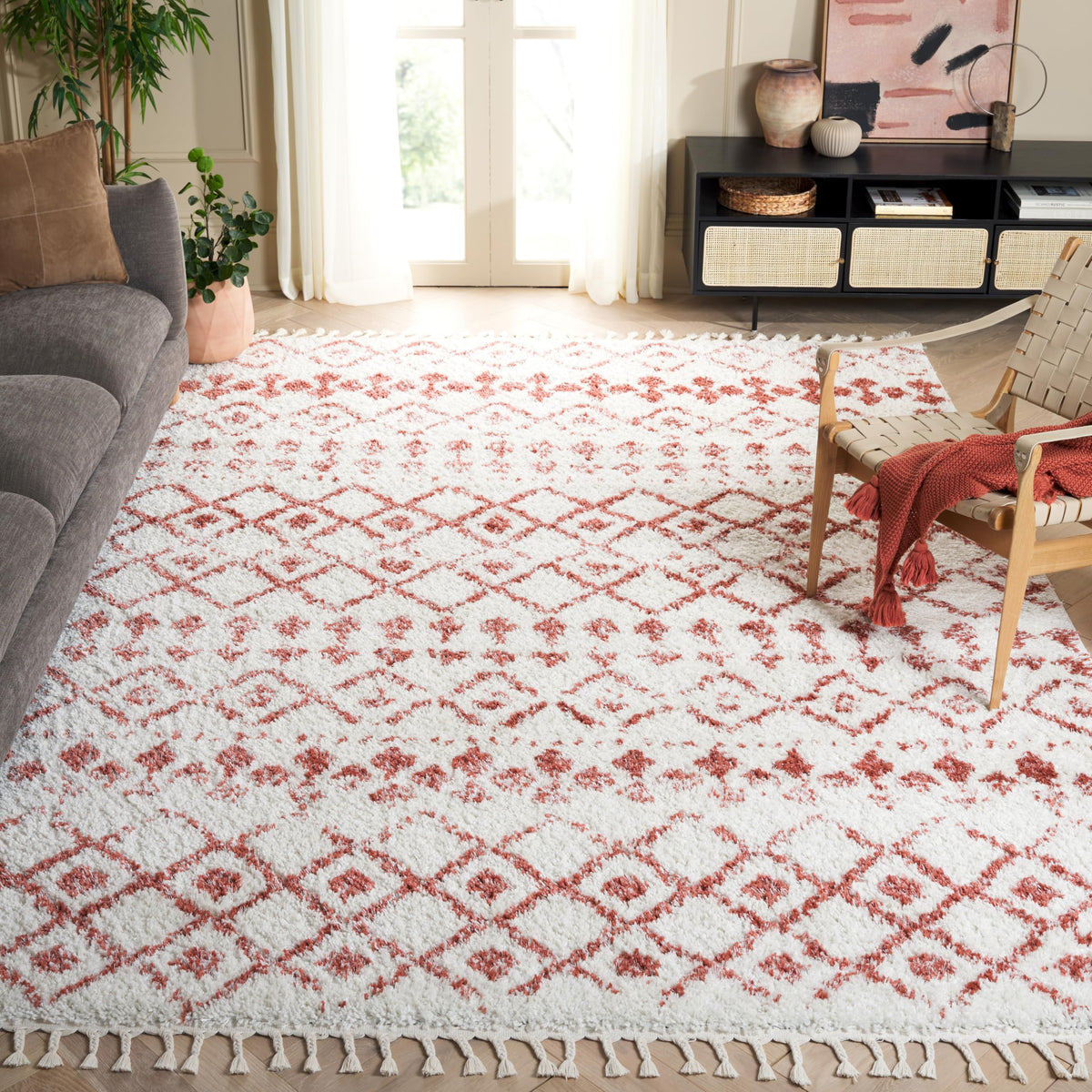 SAFAVIEH Area Rug 8x10 - Berber Fringe Shag Collection - Large - Cream & Dark Grey, Moroccan Design, Non-Shedding & Easy Cleaning, Thick Pile, Ideal for Living Room, Bedroom, Dining Space (BFG516A)