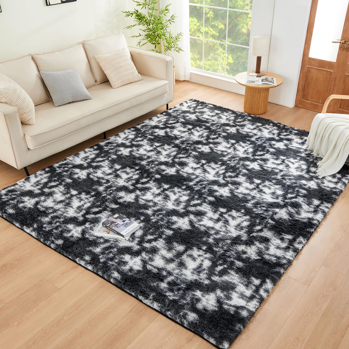 Litanika 5x8 Shag Area Rug for Bedroom, Tie-Dyed Beige Plush Rug