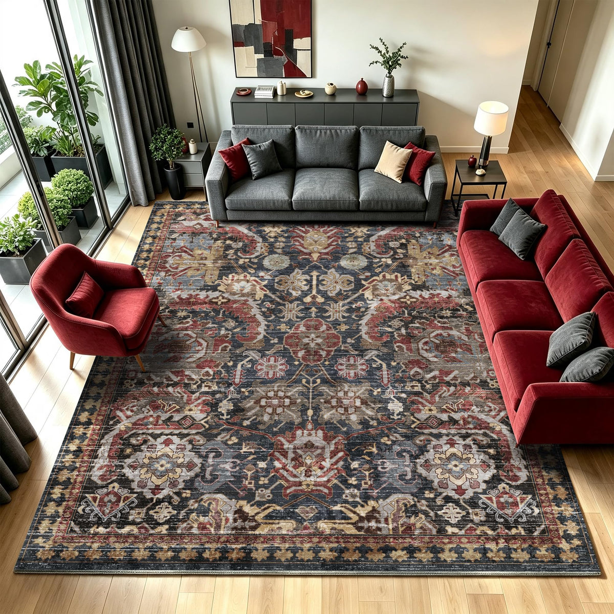 RUGSURE Washable Area Rugs 9' x 12' - 1/6 Thick - Moroccan-Inspired -Stain & Water Resistant Non-Slip - Resistant Rug for Living Room, Bedroom, Nursery, Pet & Child Friendly (Blue and Brown)