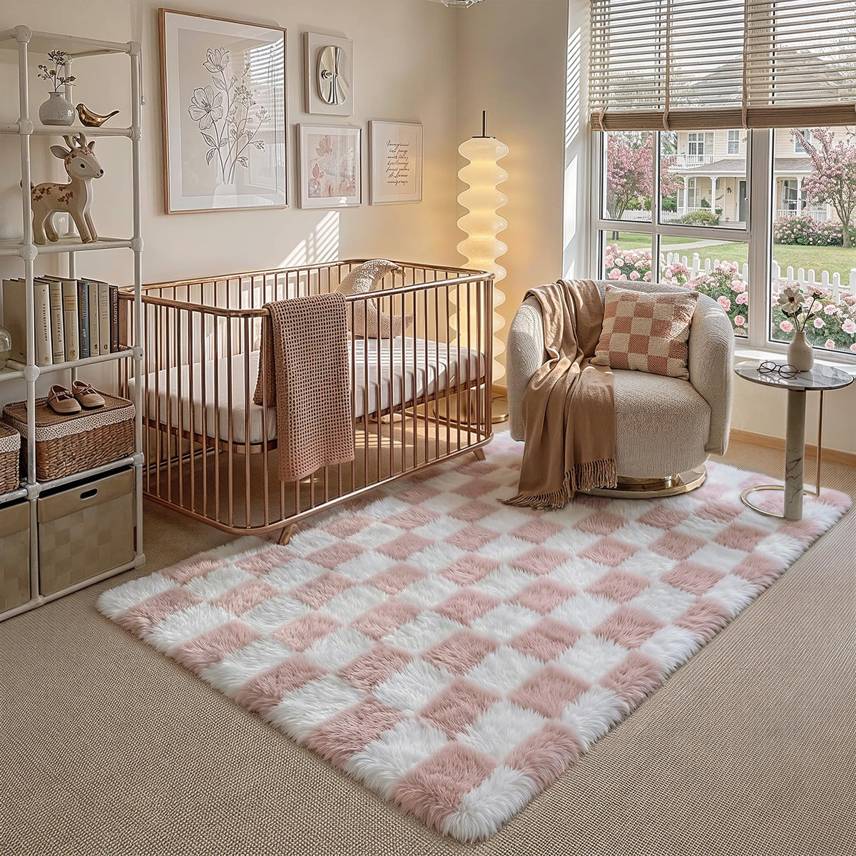 PureCozy Beige 8x10 Area Rug for Living Room Soft Checkered Shag Carpet