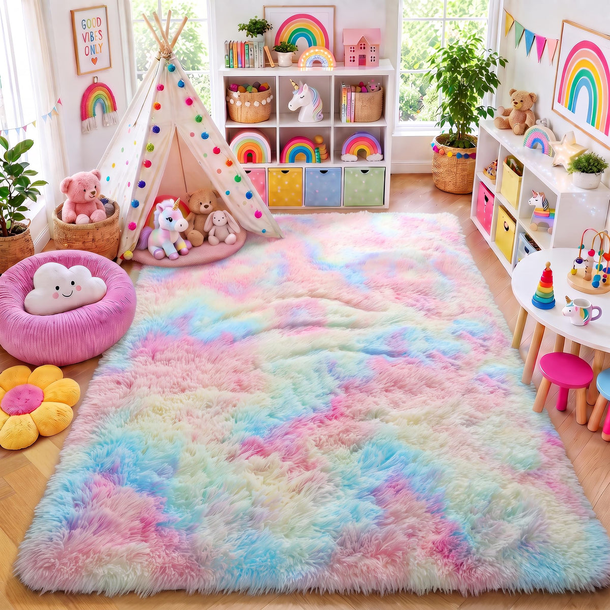 Area Rugs for Living Room Bedroom, 5x8 Fluffy Tie-Dyed Light Grey Shag Rug