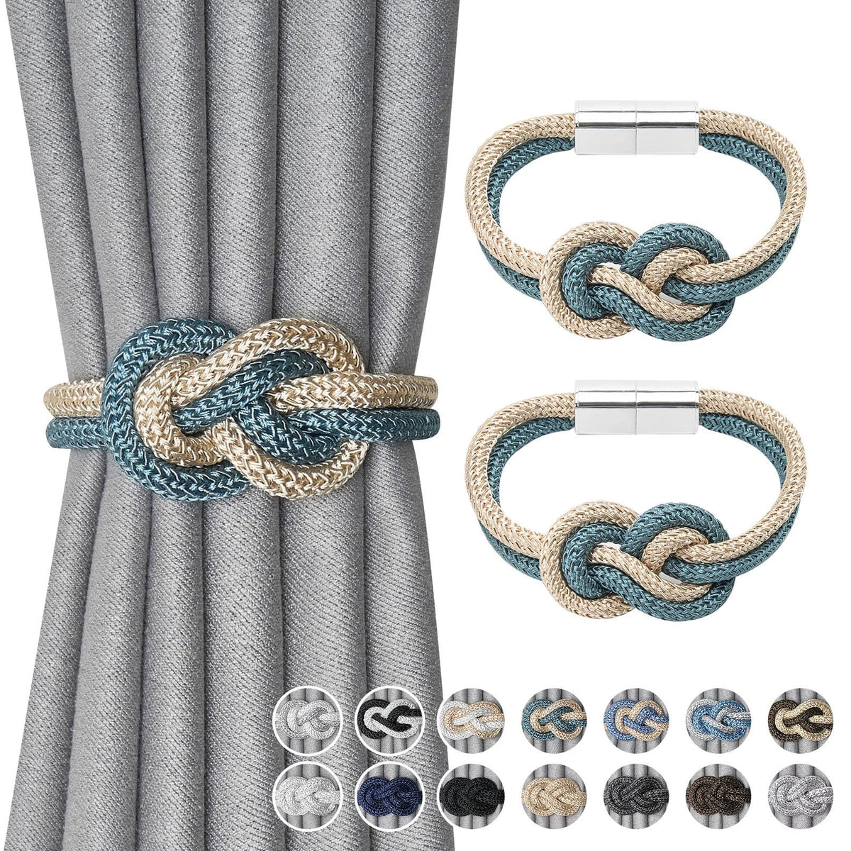 NICEEC 2 Pack Mini Magnetic Curtain Tiebacks Nordic Simple Style Drape Tie Backs Elegant Hand Weave Rope Knot Decorative Curtain Holdbacks for Home & Office Thin Window Drapery (Silver Grey)