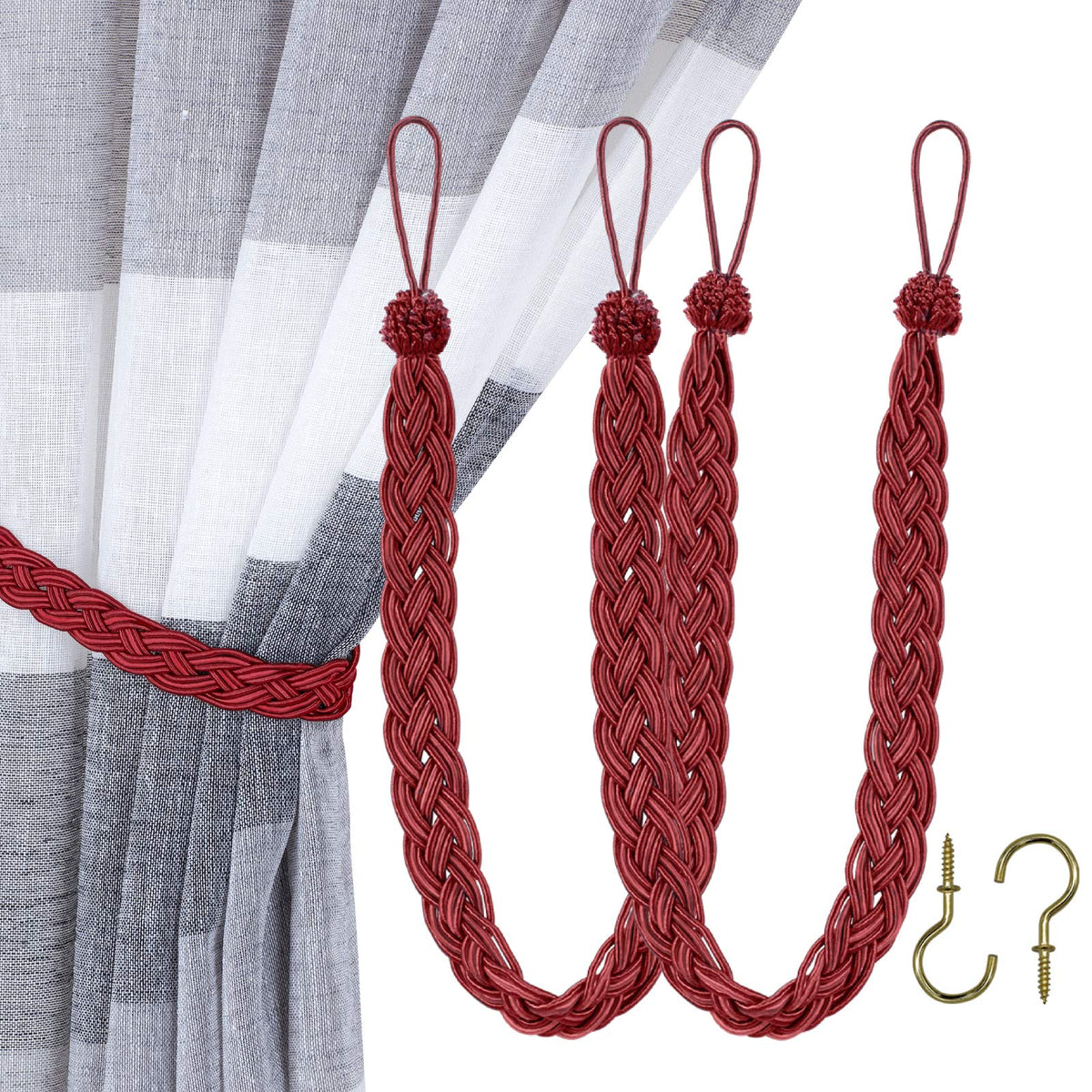 Home Queen Handwoven Rope Curtain Tiebacks for Drapes, 2 Pack Rope Holdbacks with Hooks, 23 Inch Long Polyester and Cotton Braided Tie Backs for Thick and Sheer Curtains,Navy and Silver