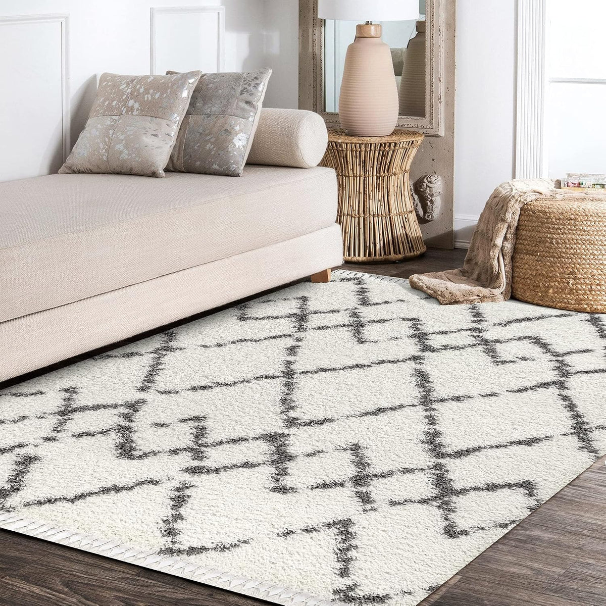 JONATHAN Y Mercer Shag Plush Tassel Ivory/Gray Indoor Area Rug, 8x10, Moroccan Geometric Trellis, Contemporary, Easy-Cleaning for Living Room, Bedroom, Kitchen, Pet Friendly, Non-Shedding (MCR102B-8)