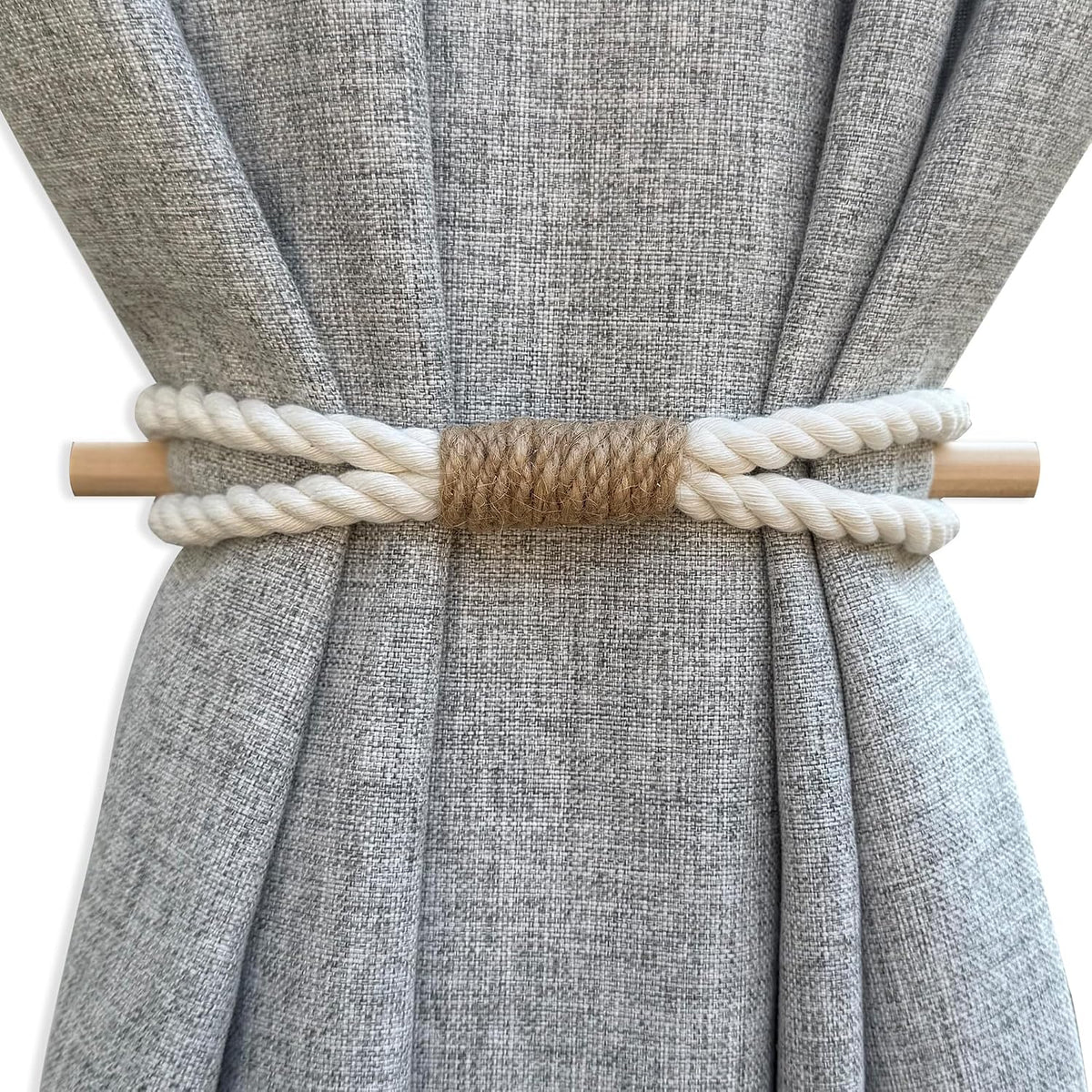 Curtain Holdbacks Boho Tiebacks for Drapes, Farmhouse Jute Rope Cotton Tie Backs with Rustic Wood Club, Curtain Accessories Holders for Indoor Outdoor Use, Set of 4