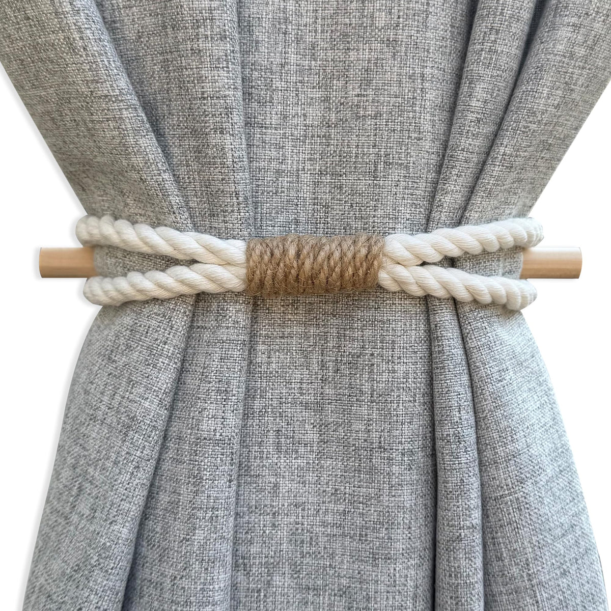 Curtain Holdbacks Boho Tiebacks for Drapes, Farmhouse Jute Rope Cotton Tie Backs with Rustic Wood Club, Curtain Accessories Holders for Indoor Outdoor Use, Set of 4