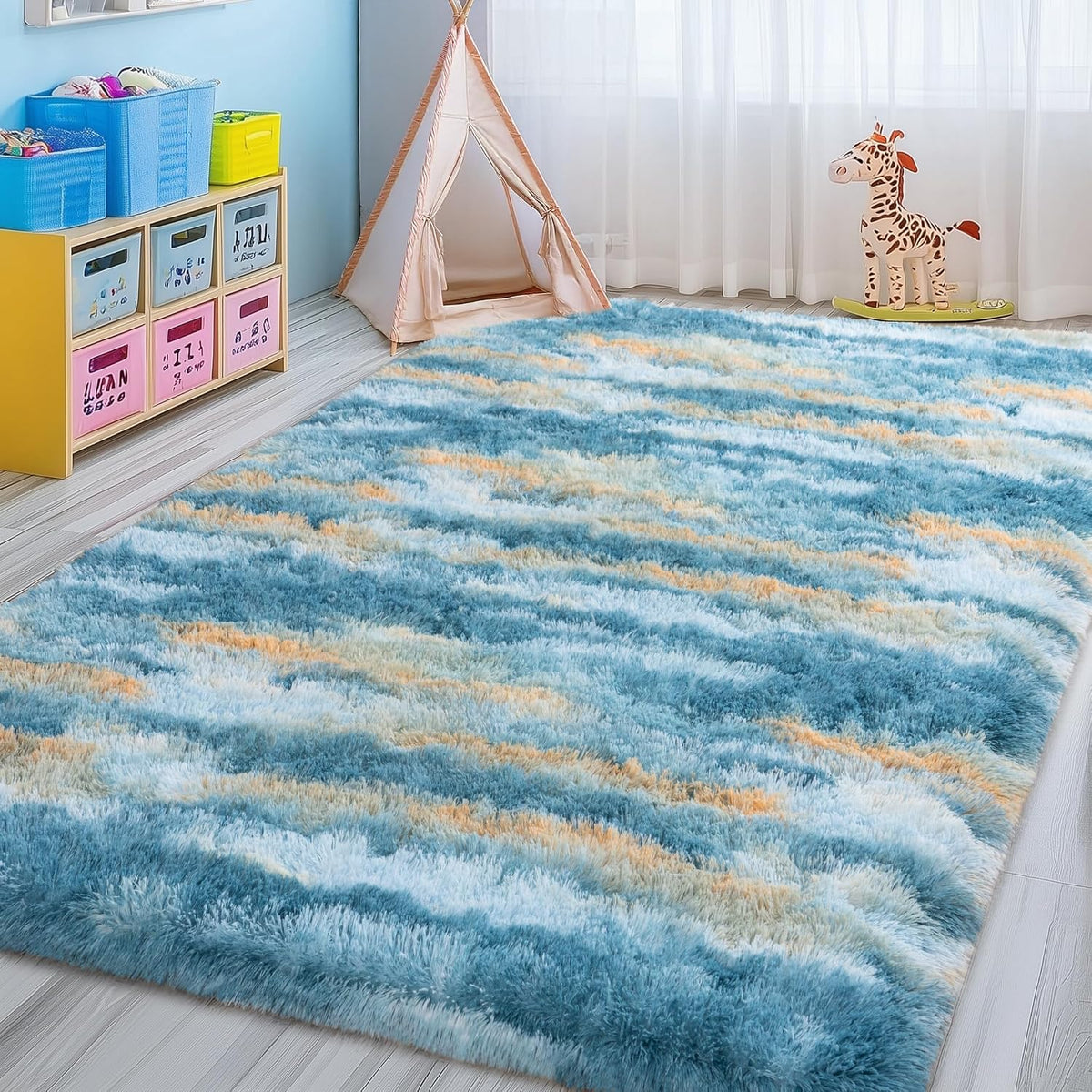 8x10 Abstract Blue Fluffy Rug for Bedroom Living Room Washable Non-Slip