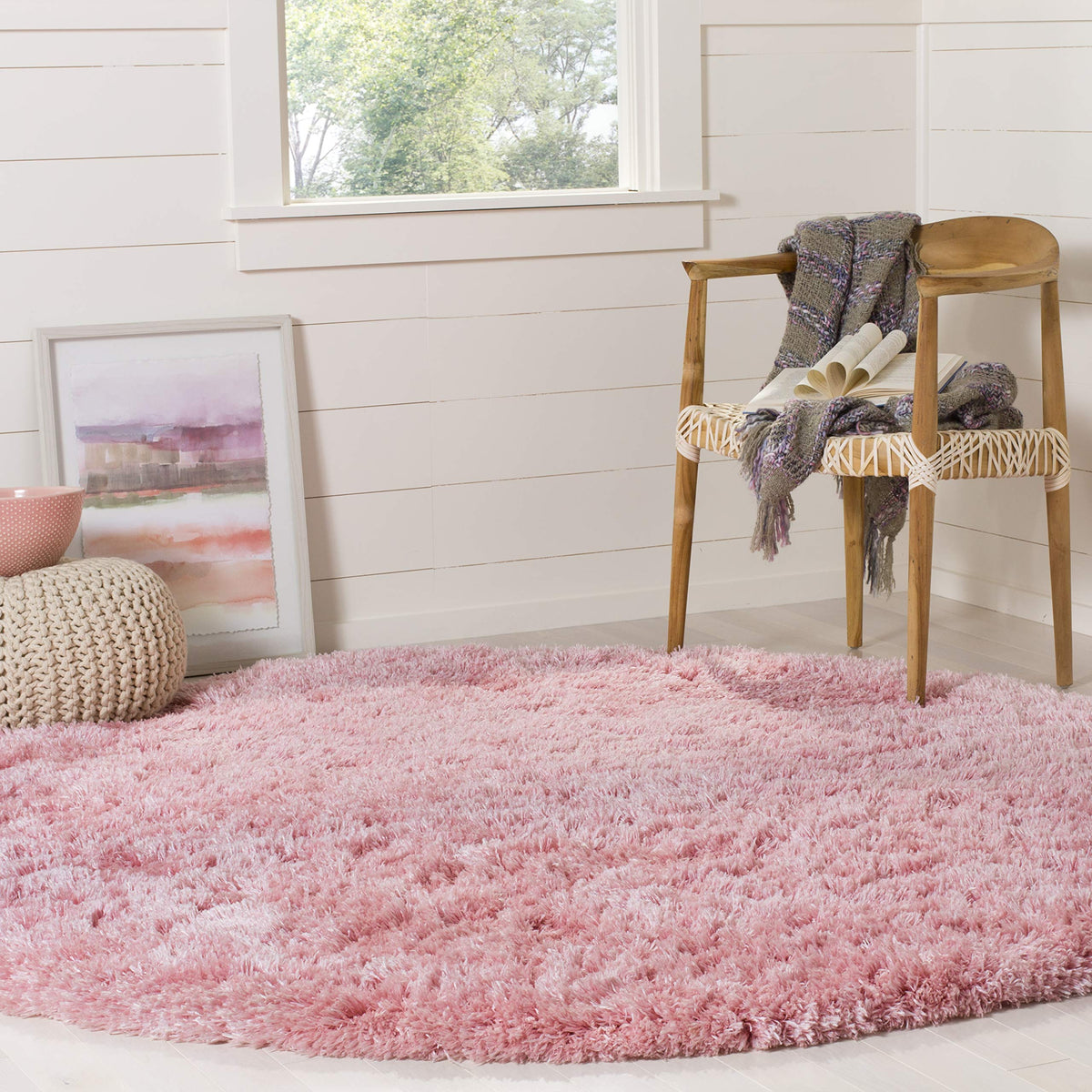 SAFAVIEH Polar Shag Collection Area Rug - 4' Round, Light Beige, Solid Glam Design, Non-Shedding & Easy Care, 3-inch Thick Ideal for High Traffic Areas in Living Room, Bedroom (PSG800A)