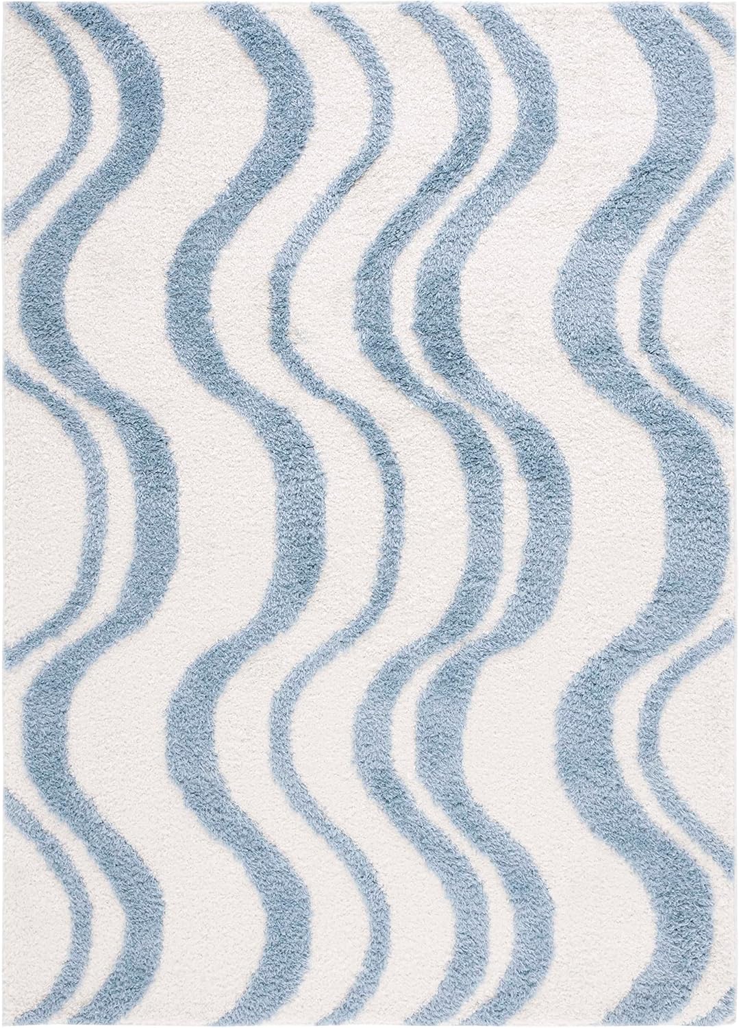 SAFAVIEH Norway Shag Collection Area Rug - 5'3" x 7'6", Blue & Ivory, Wave Design, Non-Shedding & Easy Care, 1.2-inch Thick Ideal for High Traffic Areas in Living Room, Bedroom (NOR210M)