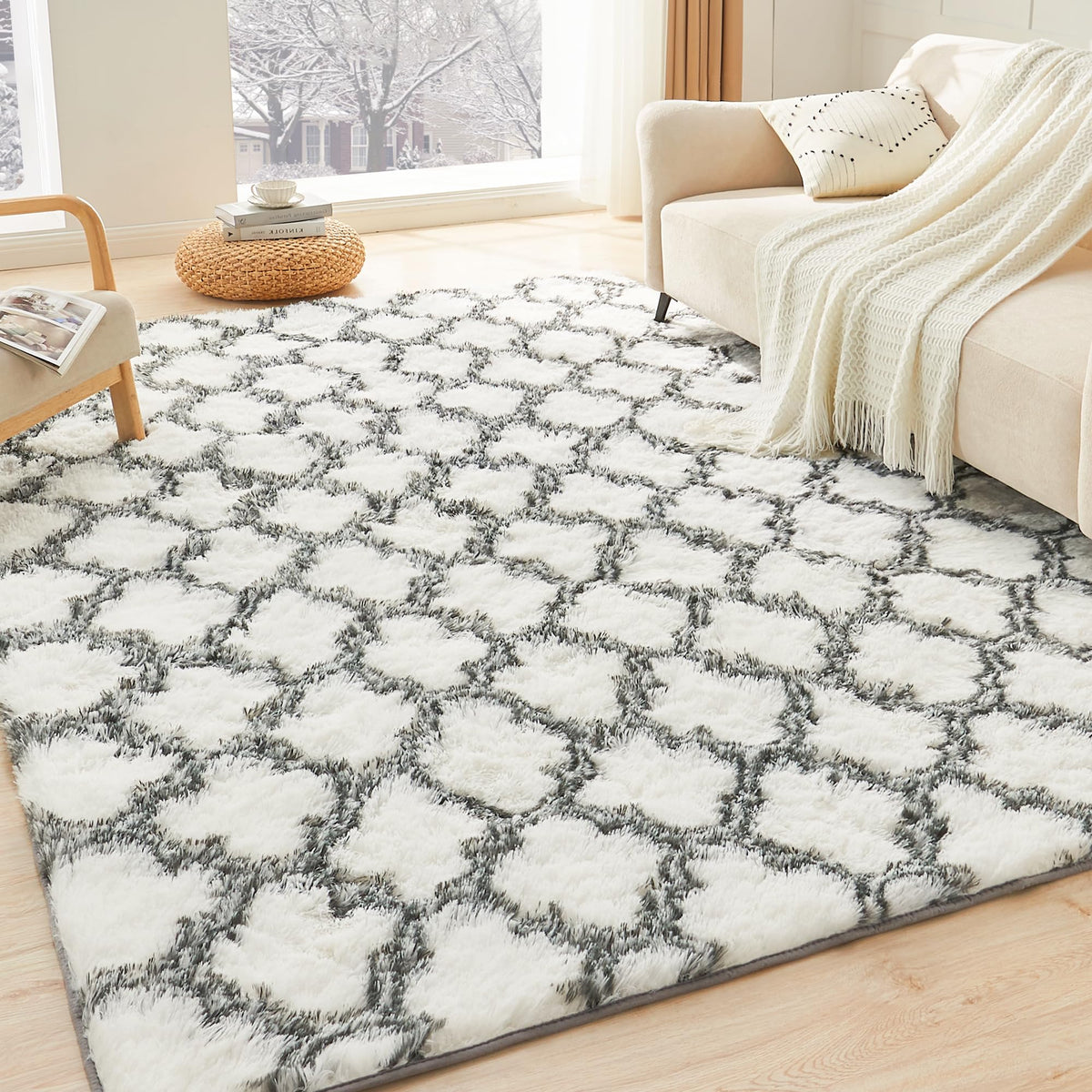 Litanika 5x8 Shag Area Rug for Bedroom, Tie-Dyed Beige Plush Rug