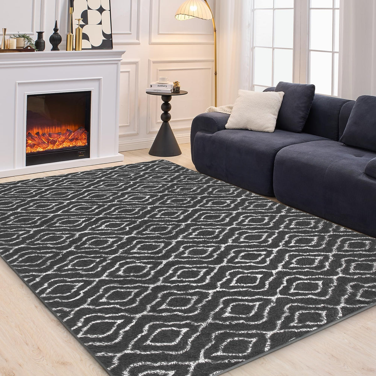 Fluffy Rug for Living Room, Soft Modern 8x10 Grey and Black Shag Area Rugs