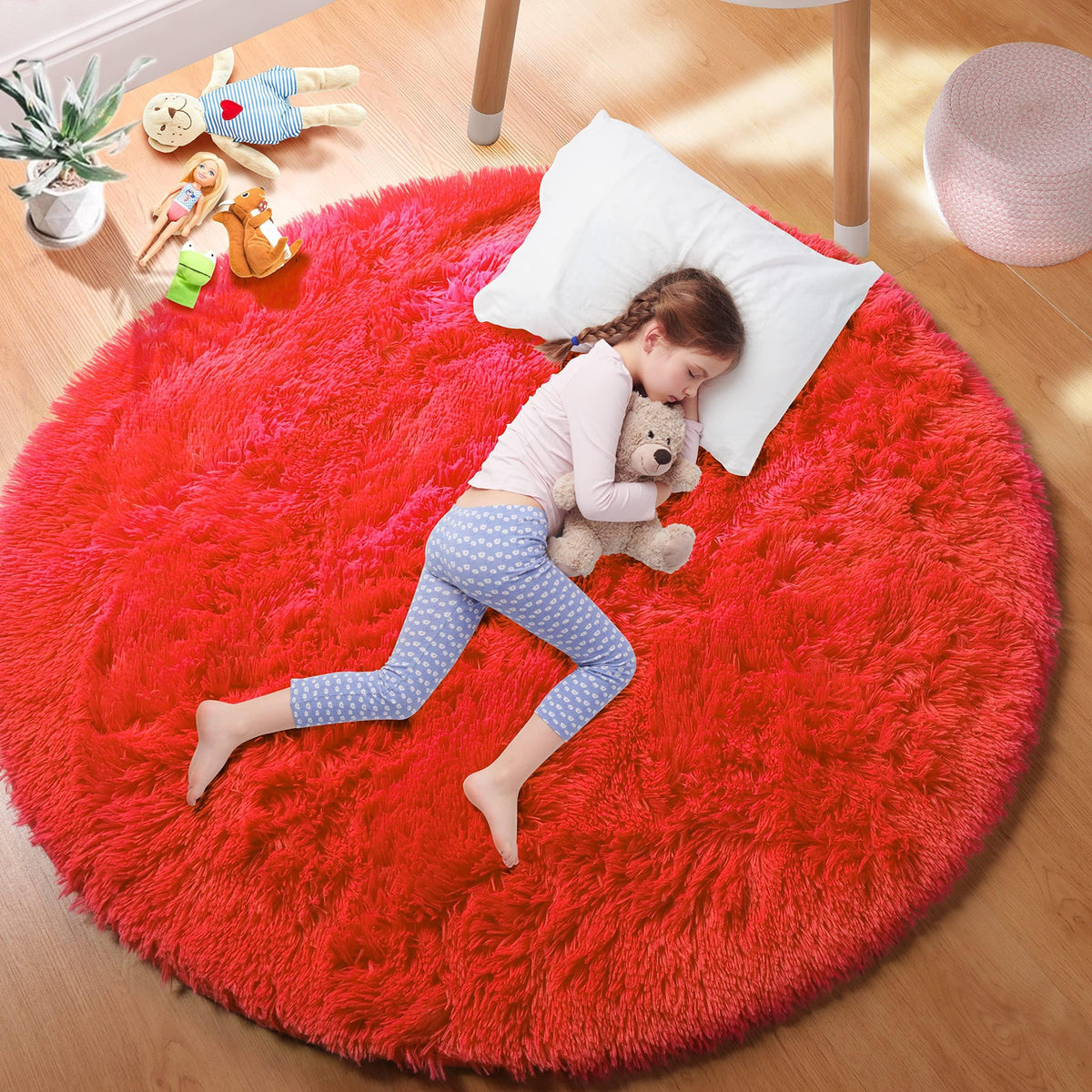 Pink Round Rug for Girls Bedroom 4Ft, Fluffy Shaggy Fuzzy Circle Area Rugs