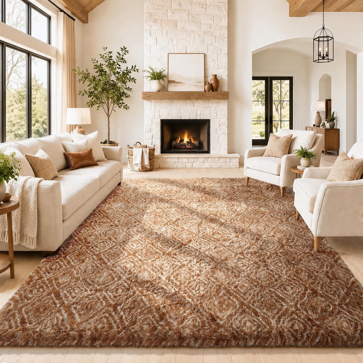 Ophanie 8x10 Area Rugs for Living Room, Washable Non-Slip Fluffy Soft Large Shag Bedroom Carpet, Ivory Big Indoor Nursery Rug, Carpets for Boy and Girls Room Dorm Decor with Over 99 pcs Pile fibers