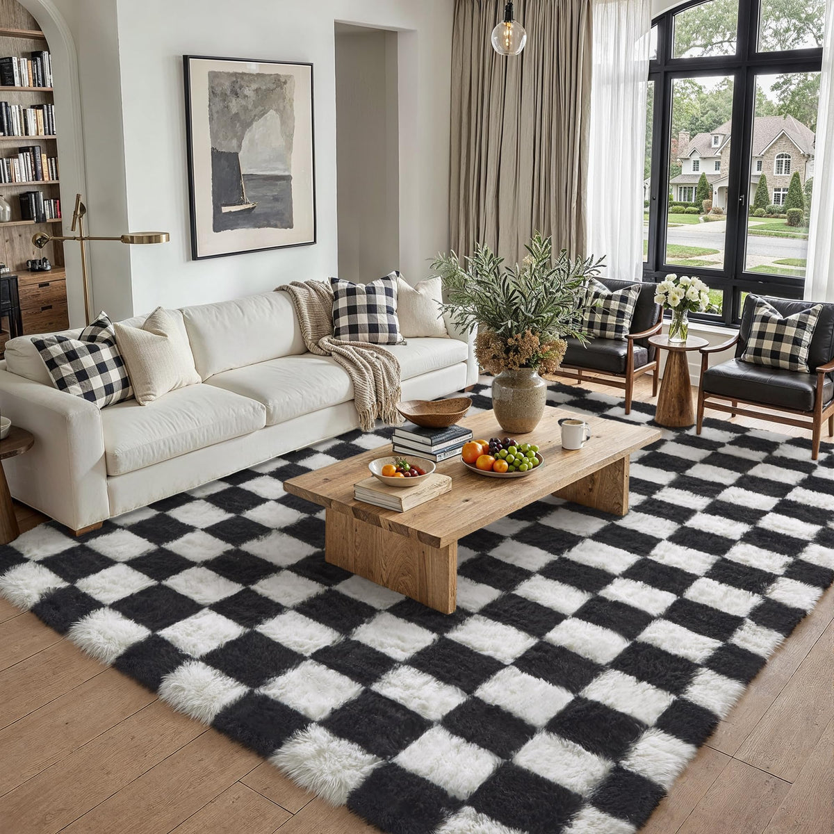 PureCozy Beige 8x10 Area Rug for Living Room Soft Checkered Shag Carpet