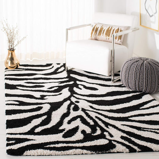SAFAVIEH Florida Shag Collection Area Rug - 8'6" x 12', Ivory & Black, Zebra Print Design, Non-Shedding & Easy Care, 1.2-inch Thick Ideal for High Traffic Areas in Living Room, Bedroom (SG452-1290)