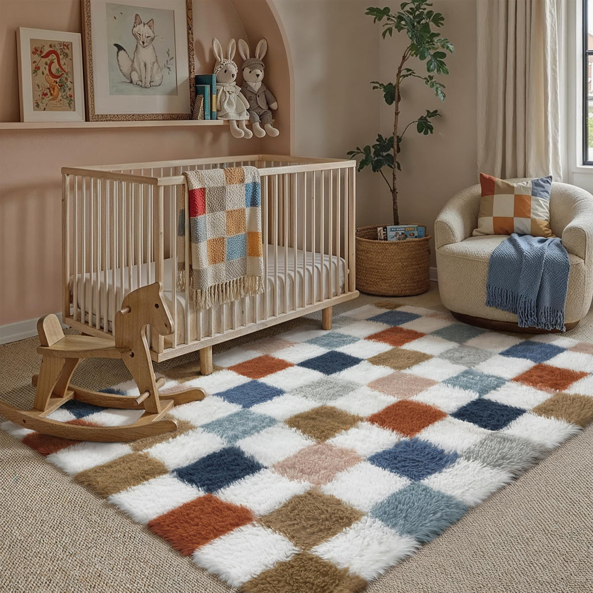 PureCozy Beige 8x10 Area Rug for Living Room Soft Checkered Shag Carpet