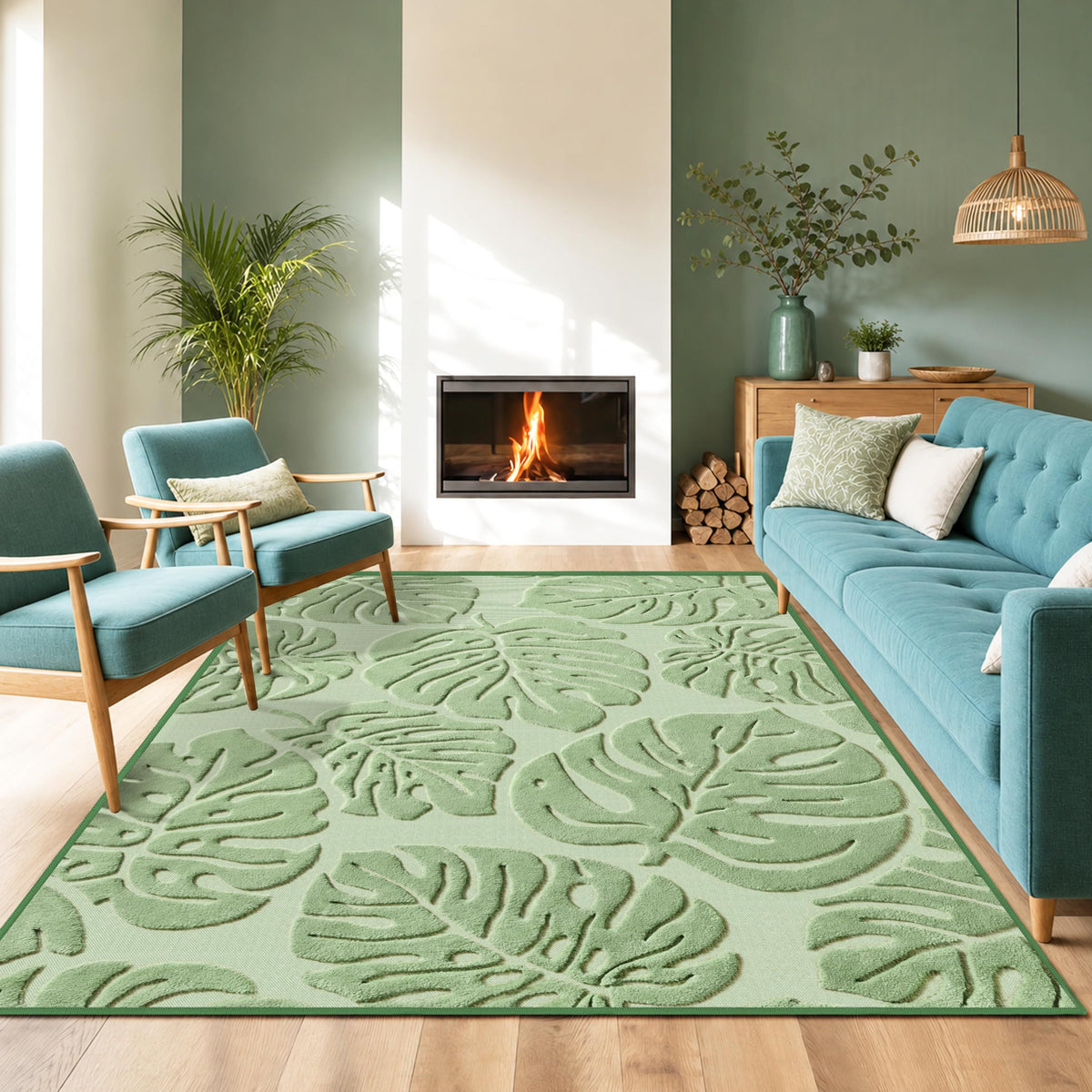 Arenarug Sage Green Monstera 5x7 Area Rugs High-Low Plush Pile Washable