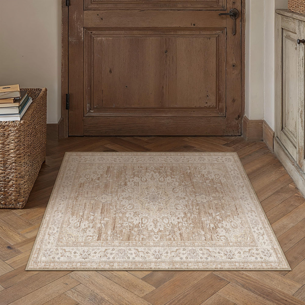 PureCozy 8x10 Neutral Area Rug Living Room Ivory Beige Vintage Medallion