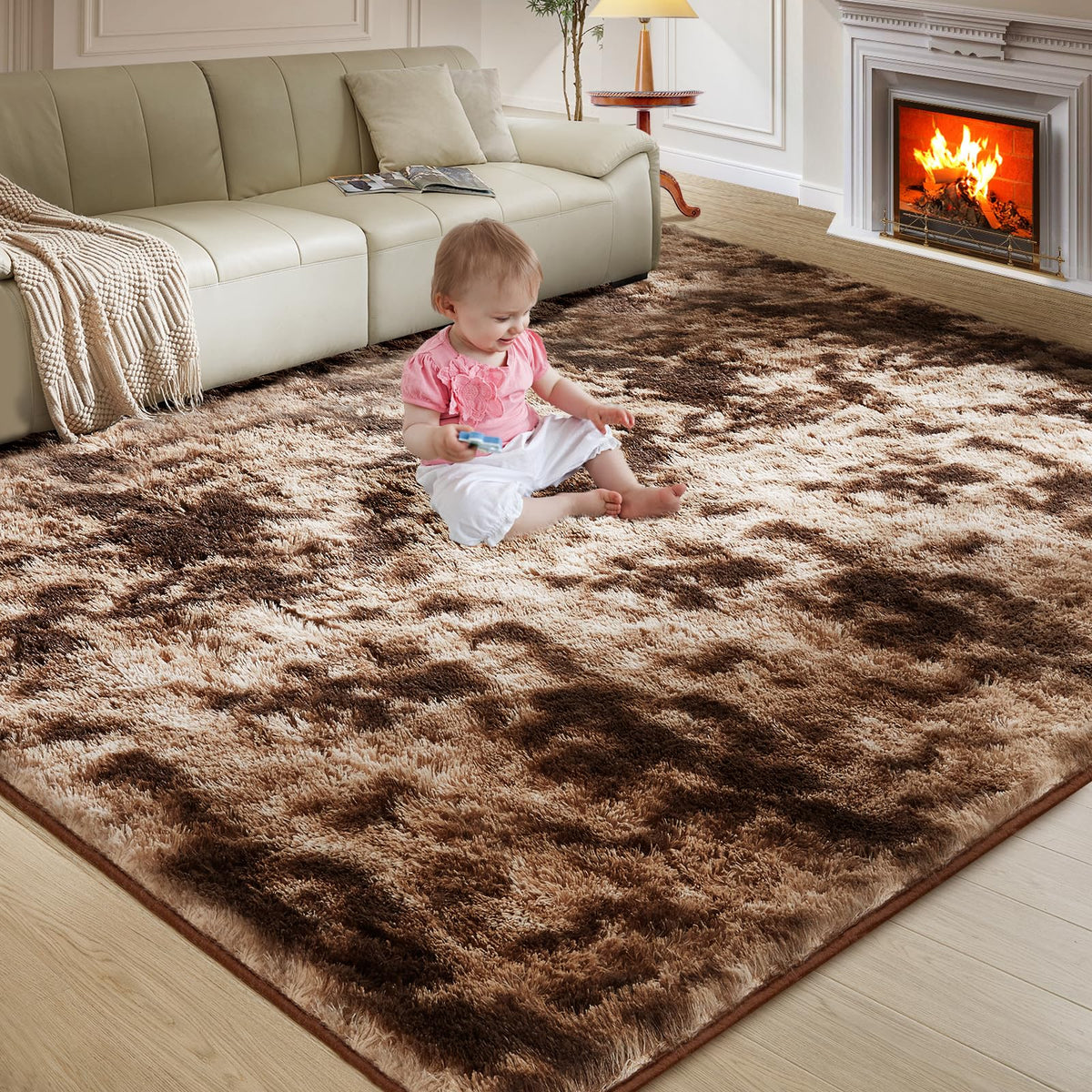 Ultra Soft Rug for Living Room, 8X10 Fluffy Shag Area Rug for Bedroom, Modern Shaggy Carpets Fuzzy Rug for Teens Dorm Nursery Home Decor Aesthetic, Upgrade Anti-Skid Durable, Cream White