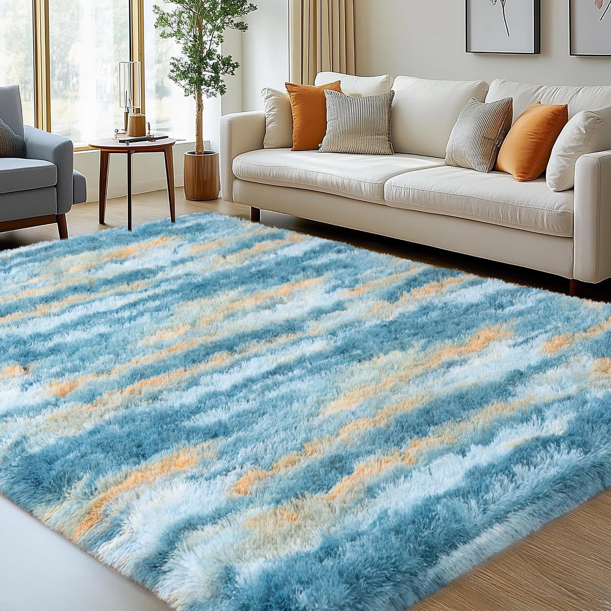 8x10 Abstract Blue Fluffy Rug for Bedroom Living Room Washable Non-Slip