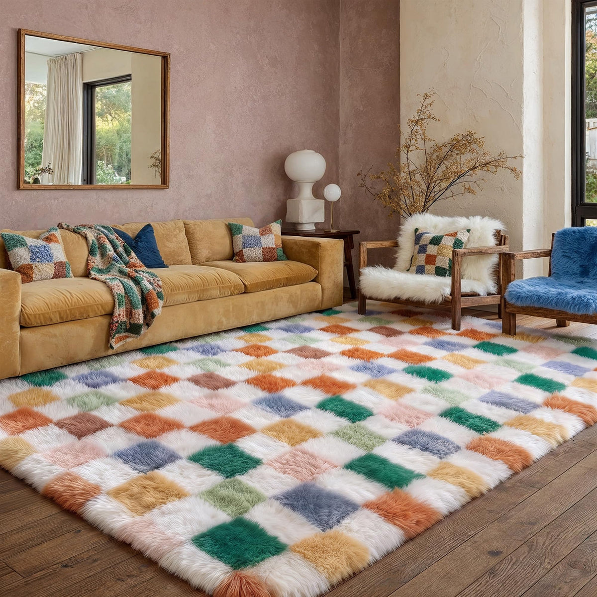 PureCozy Beige 8x10 Area Rug for Living Room Soft Checkered Shag Carpet