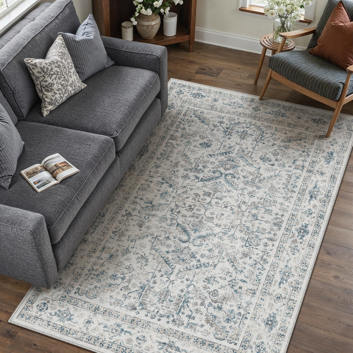 PureCozy Gray Area Rug 8x10 Vintage Floral