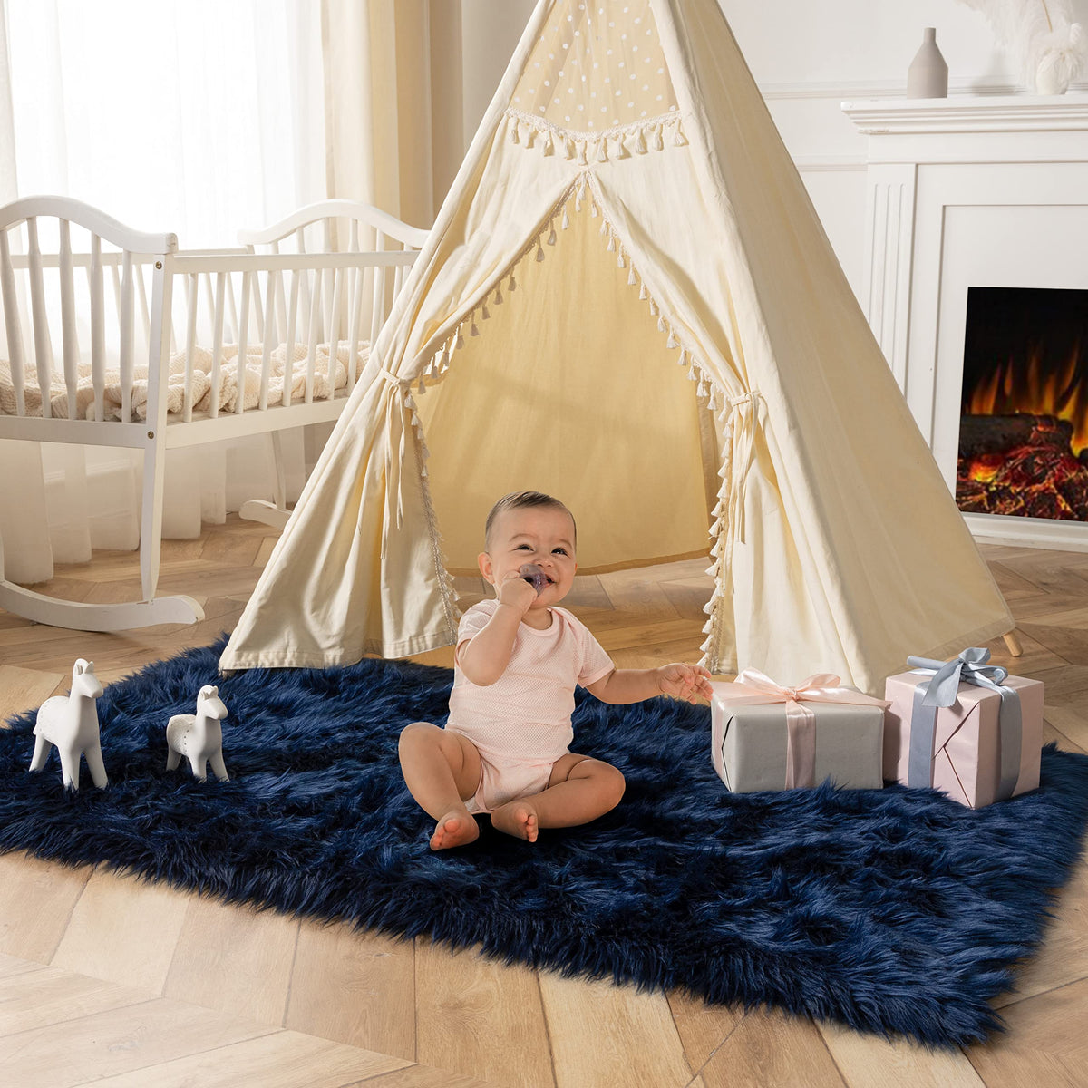 Ashler Faux Fur Rug, White, 2 x 6 Ft, Machine Washable