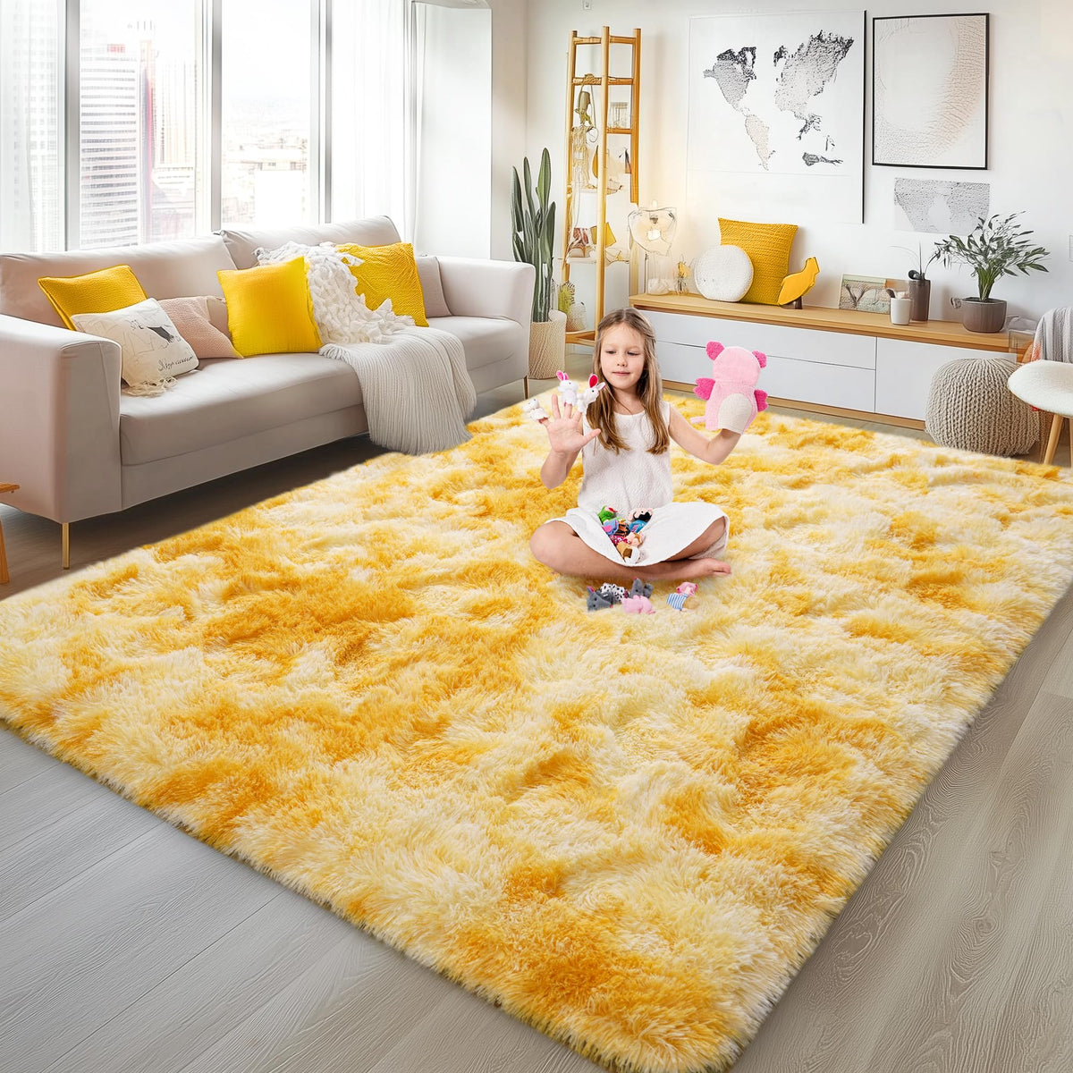 Large 8x10 Area Rugs for Living Room, Tie-Dyed Yellow Soft Shag Rug