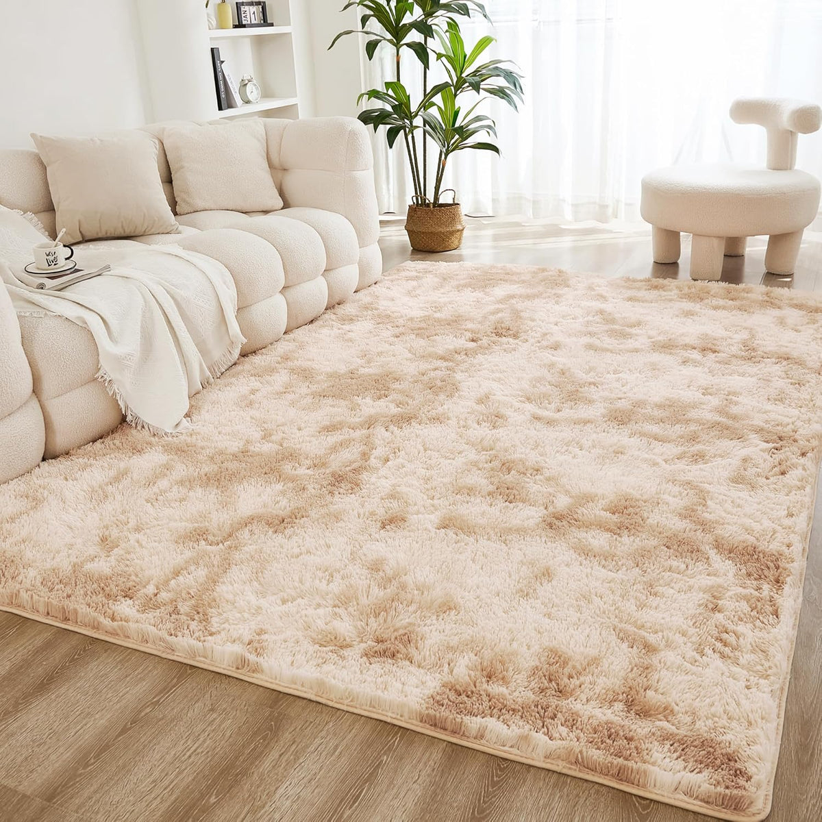 Litanika 5x8 Shag Area Rug for Bedroom, Tie-Dyed Beige Plush Rug