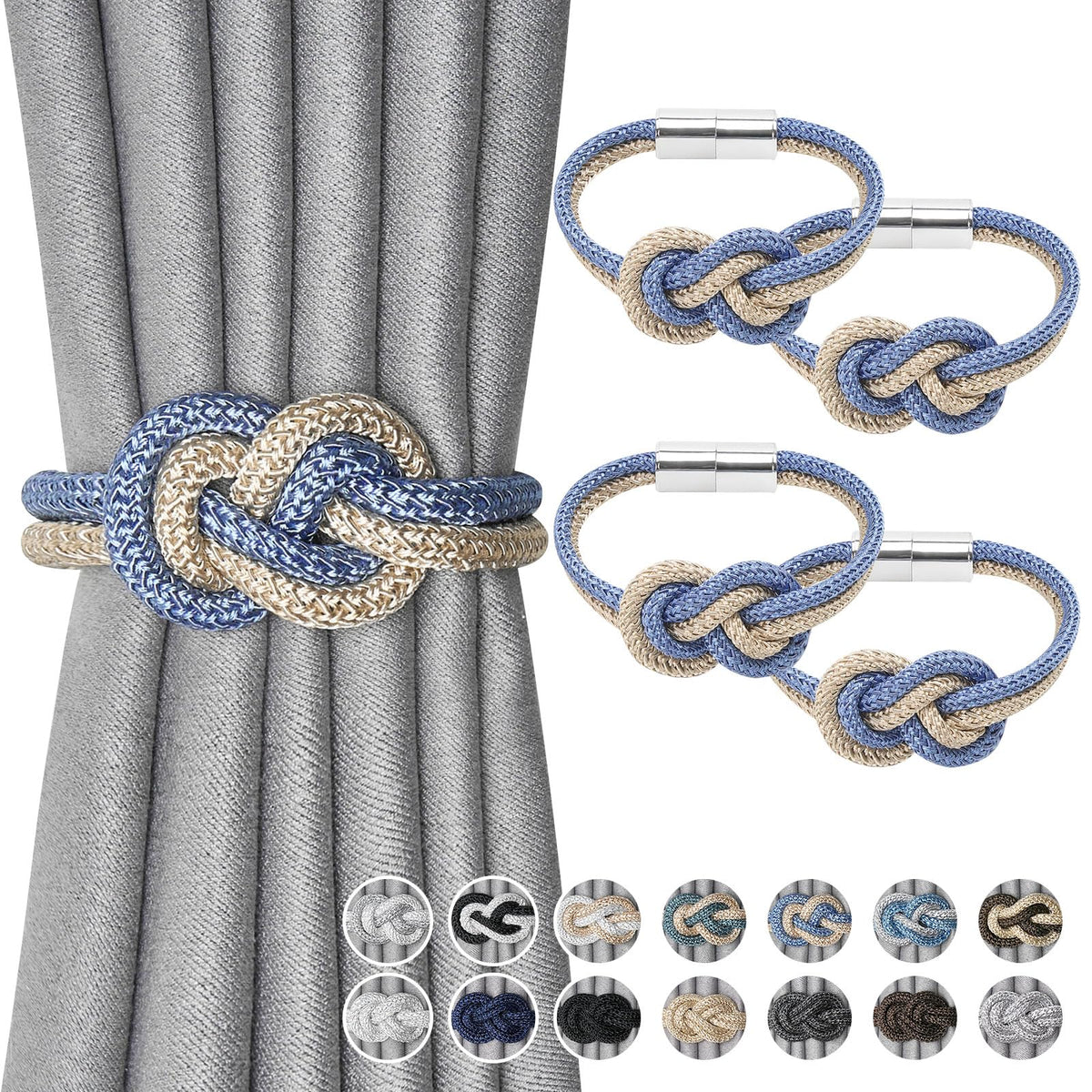 NICEEC 2 Pack Mini Magnetic Curtain Tiebacks Nordic Simple Style Drape Tie Backs Elegant Hand Weave Rope Knot Decorative Curtain Holdbacks for Home & Office Thin Window Drapery (Silver Grey)