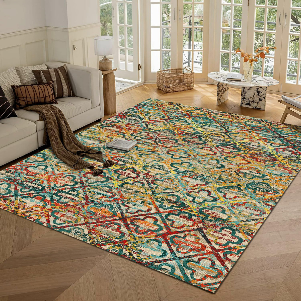 RUGSURE Washable Area Rugs 9' x 12' - 1/6 Thick - Moroccan-Inspired -Stain & Water Resistant Non-Slip - Resistant Rug for Living Room, Bedroom, Nursery, Pet & Child Friendly (Blue and Brown)