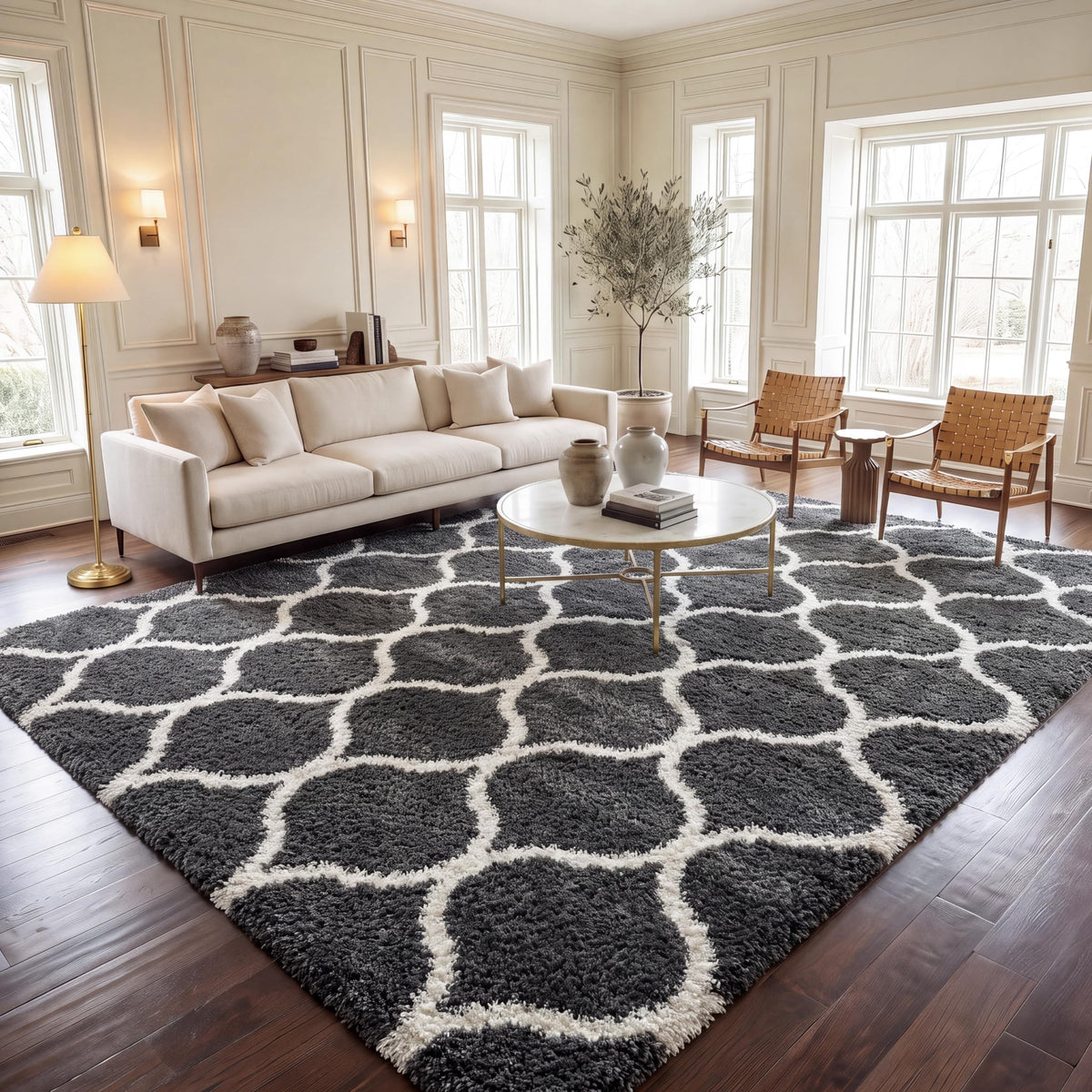 SAFAVIEH Hudson Shag Collection 9' x 12' Grey/Ivory SGH280B Moroccan Ogee Trellis Non-Shedding Living Room Bedroom Dining Room Entryway Plush 2-inch Thick Area Rug